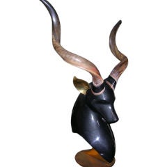 Large Antelope with Real Horns on Bronze Base
