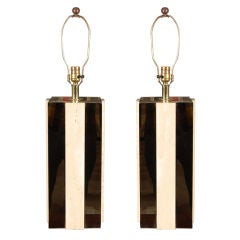 Pair of Brass & Travertine Lamps in the Manner of Pierre Cardin