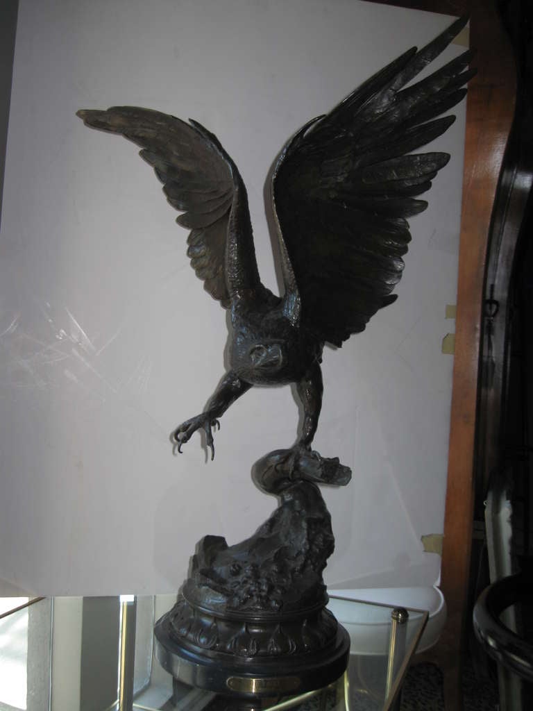 Finely detailed bronze eagle statue with brown patina. It does not only have the gold sign upfront with the maker's name, ot also has an ingraved signature.