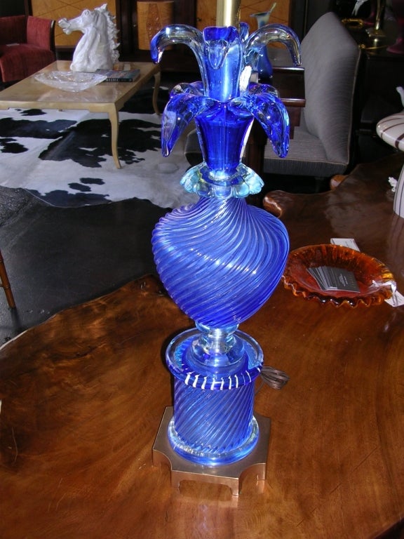 A large vintage Murano Pineapple lamp by Marbro. Beautiful swirl design is deep blue color. Note, the shade is recessed in main photo, thus the height to the top of the shade is 46 1/2