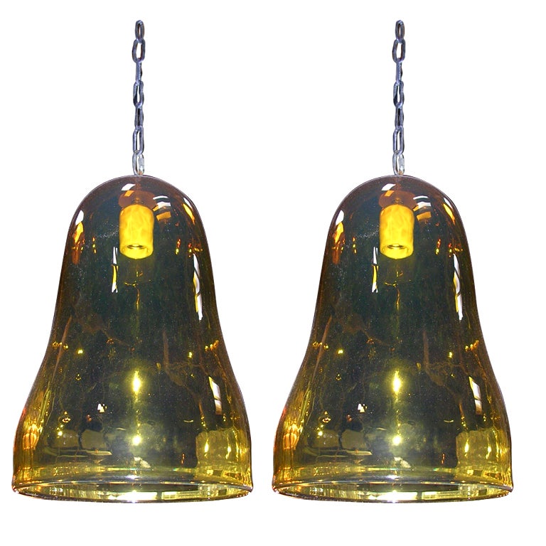 Pair of Hand Blown Amber Glass Pendants