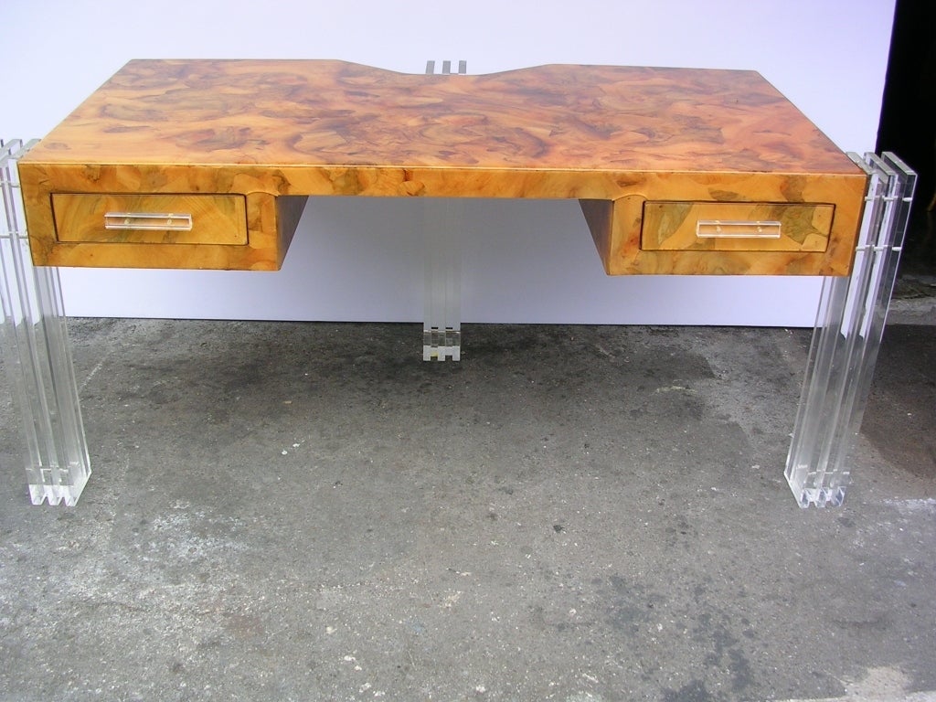 Burled Walnut and Lucite Desk Attributed to Leon Frost