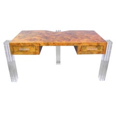Burled Walnut and Lucite Desk Attributed to Leon Frost