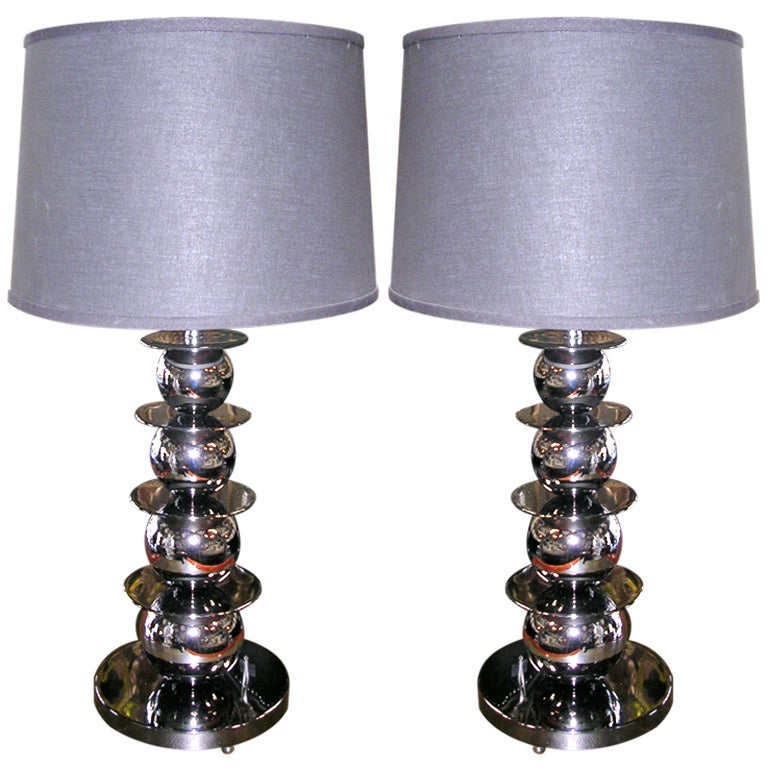 Pair of Vintage Smoky Chrome Ball Lamps