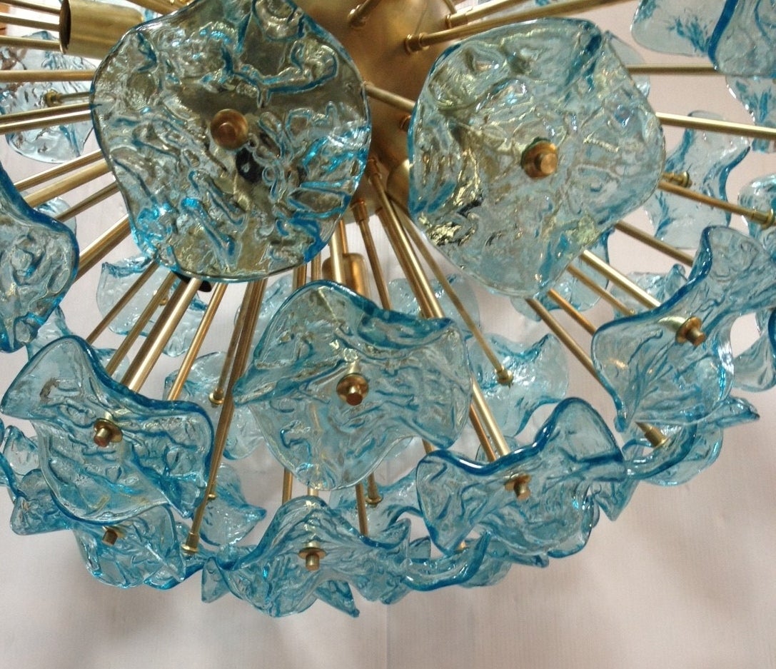 Brass Beautiful Italian Murano Glass Aquamarine Flowers Chandelier