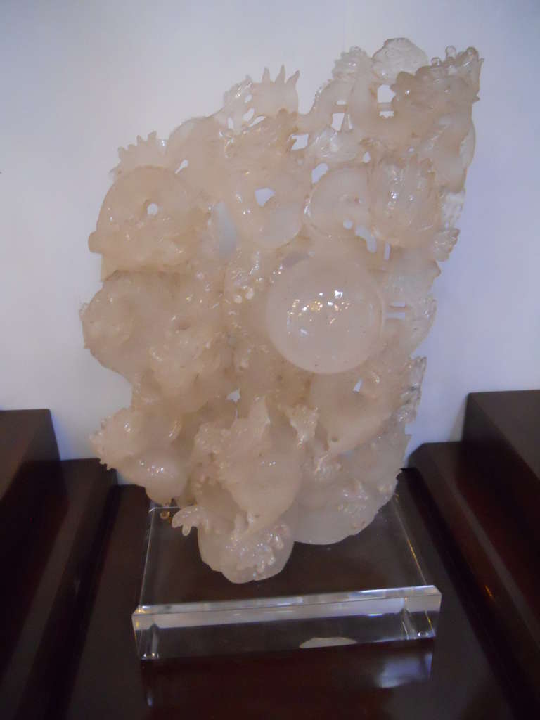 Rare Rock Crystal Sculpture with dragons, intricate hand carving
26