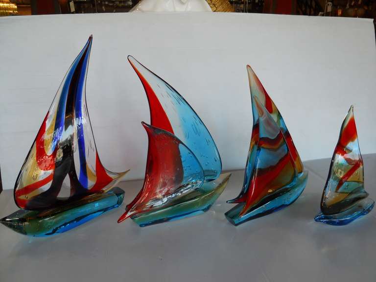 20th Century Amazing Set of 4 Murano Sailboats