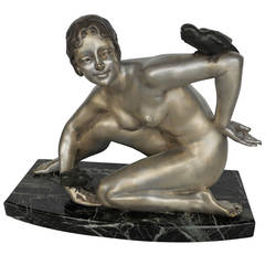 A.G. Rigault Silvered Bronze French Art Deco Sculpture of a Lady with Parrots