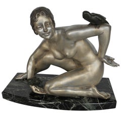 A.G. Rigault Silvered Bronze French Art Deco Sculpture of a Lady with Parrots