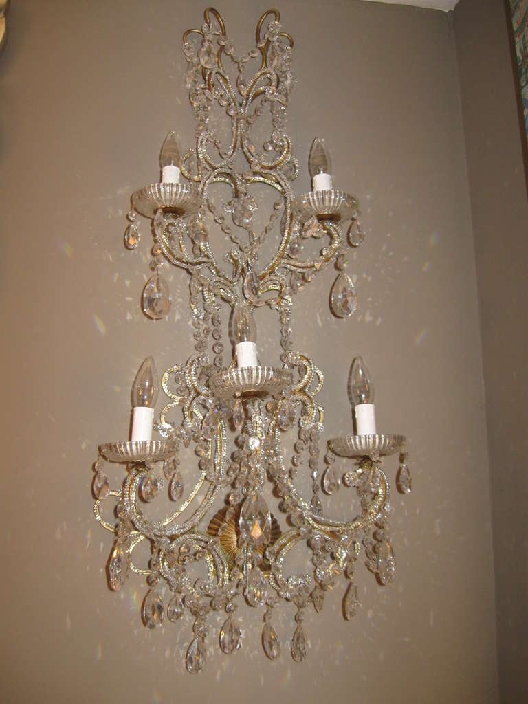 Pair of Fine Traditional Wall Sconces. Hand made in Italy using finest Swarovski Crystal.
Already re-wired for U.S. 
Please see our other listing of the matching chandeliers, listed as: Exceptional Pair of Italian Chandeliers