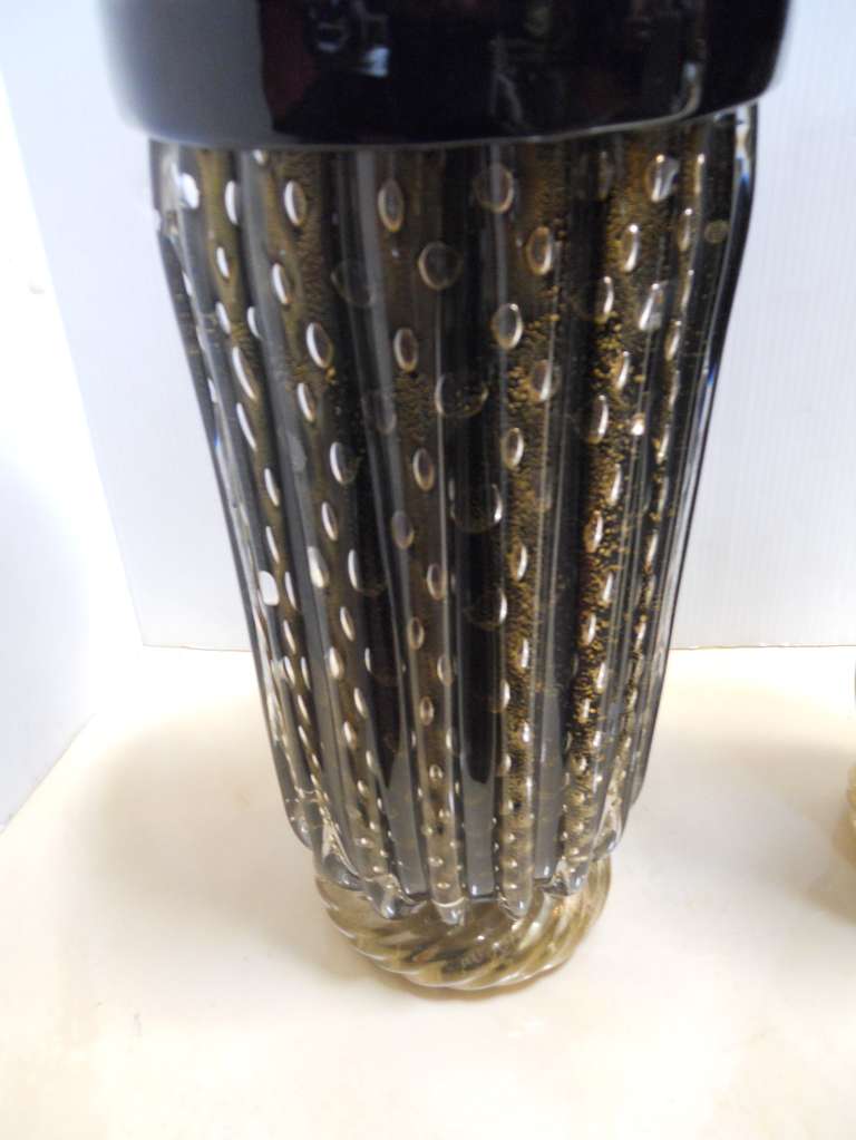 Murano Glass Exceptional Pair of Black and Gold Signed Murano Vases