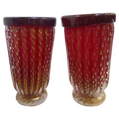 Fabulous Pair of Red and Gold Signed Murano Vases
