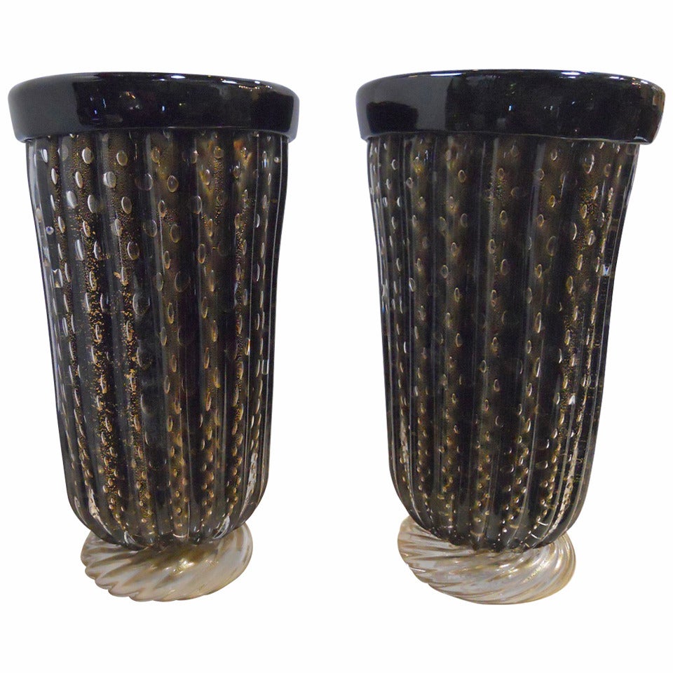 Exceptional Pair of Black and Gold Signed Murano Vases