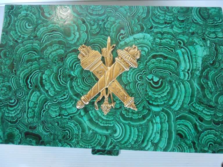 Impressive antique Russian malachite box.
5.75 x 16.00 x 10.00 (H x W x D).