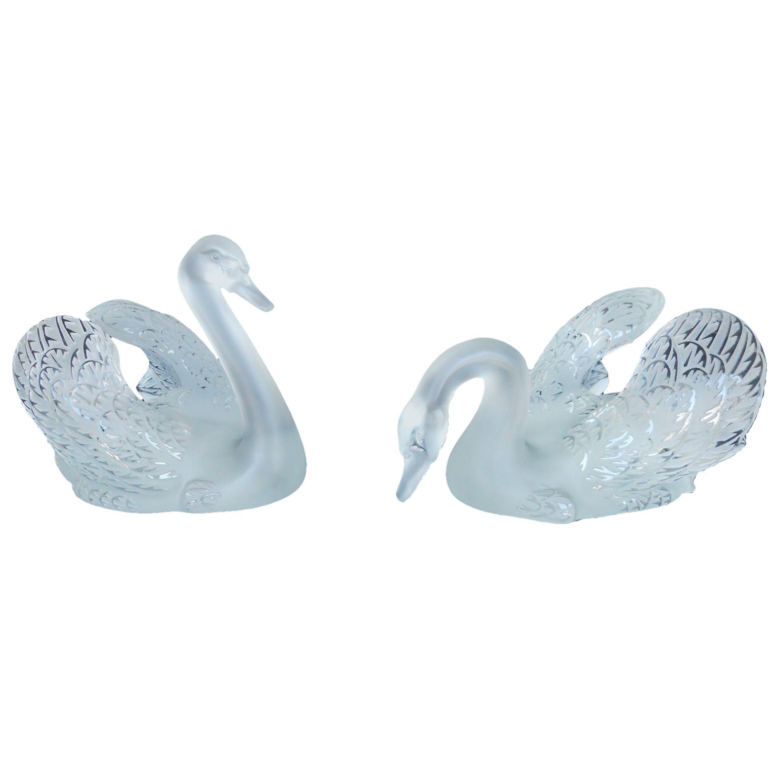 Set of Two Lalique Swan Head Up and Swan Head Down Sculptures