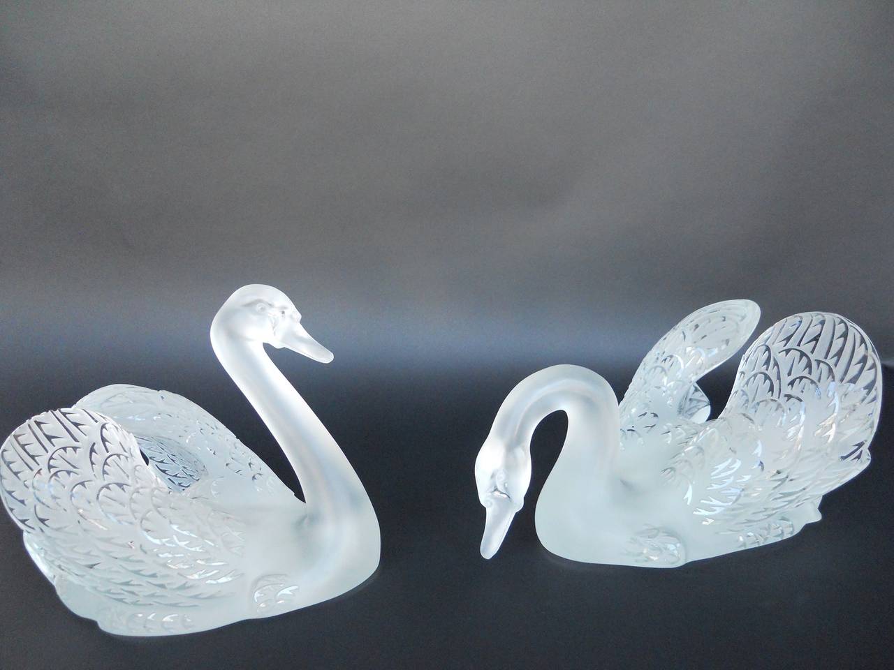 Glass Set of Two Lalique Swan Head Up and Swan Head Down Sculptures