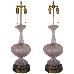 Fabulous Pair of Pink and Silverleaf Murano Lamps