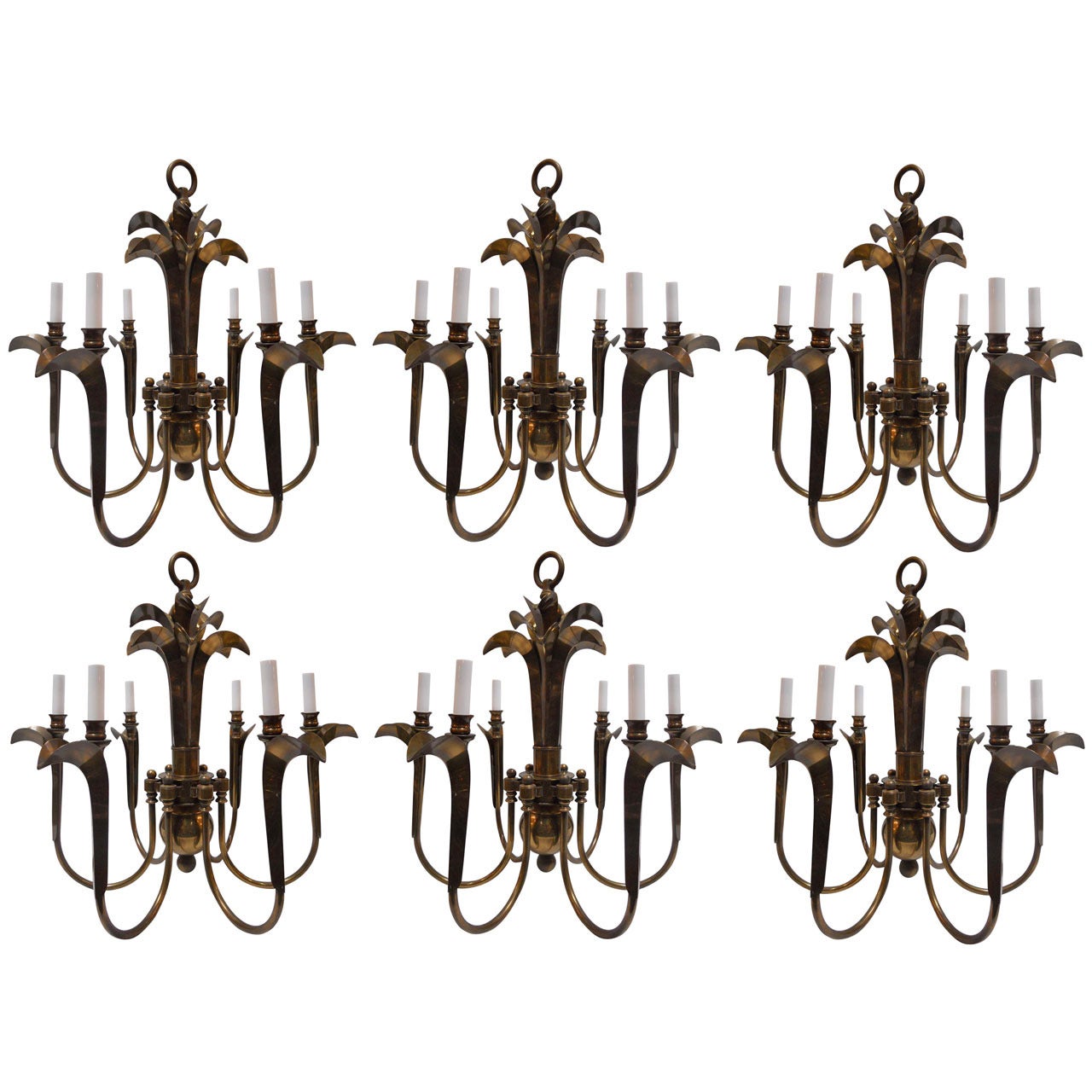Charming Set of Six Brass Chandeliers For Sale