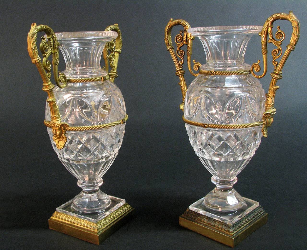 Pair of Russian Diamond Cut Crystal Vases Surmounted by Bronze Art Work
