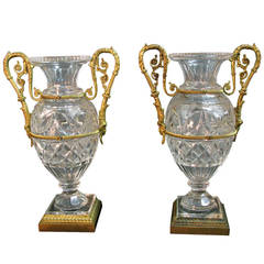 Pair of Russian Diamond Cut Crystal Vases Surmounted by Bronze Art Work