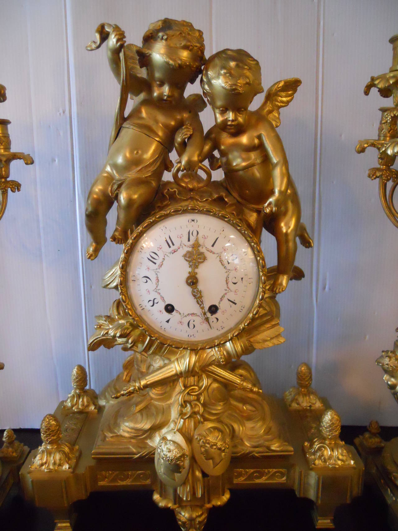 French Bronze Clock Set with Two Figural Putti