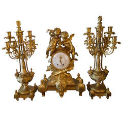 Antique French Bronze Clock Set with Two Figural Putti