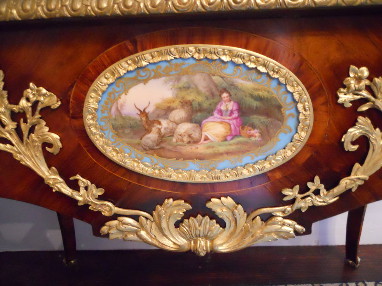 French Antique Table Sevres Style Mounted, Porcelain Inlaid with Ormolu