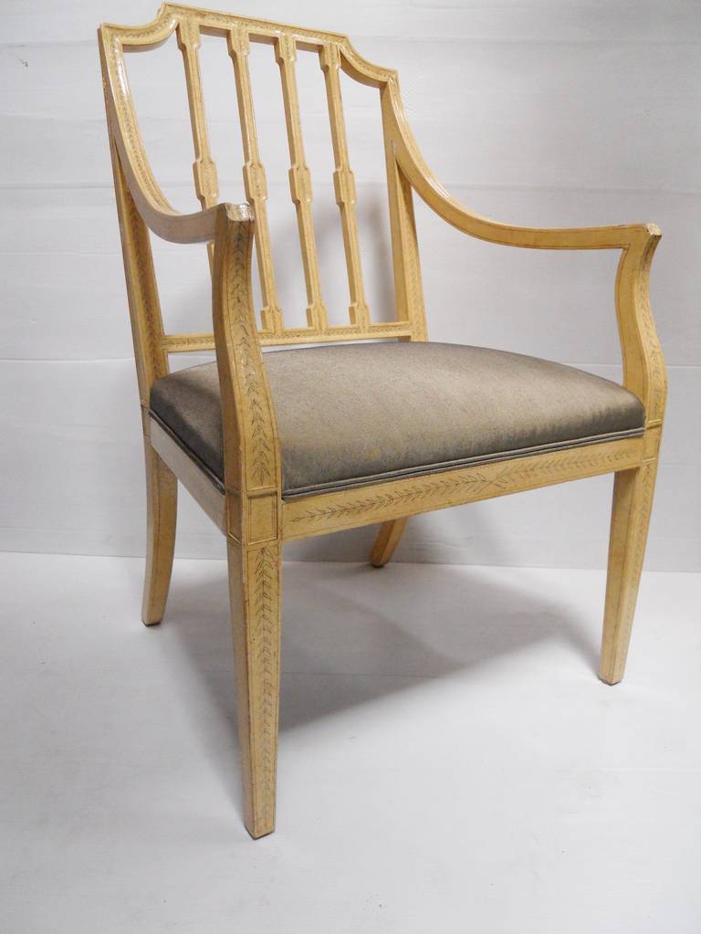 Astonishing set of four Rose Tarlow Melrose house chairs.
Crackled hand-painted effect.