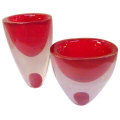 Splendid Set of Red Murano Vases Signed Romano Dona
