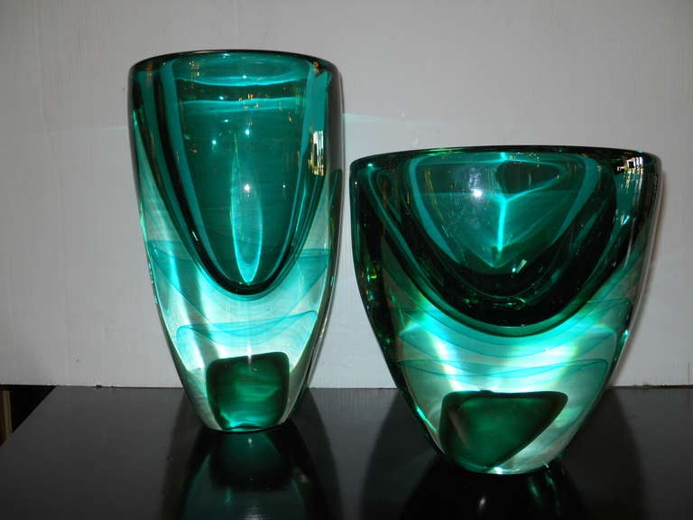 Splendid Set of Green Murano Vases