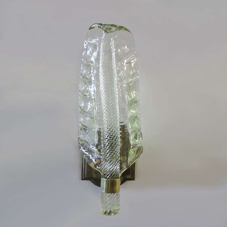 Playful Pair of Barovier and Toso Green Leaf Sconces