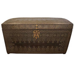 Used Large Leather and Brass Trunk
