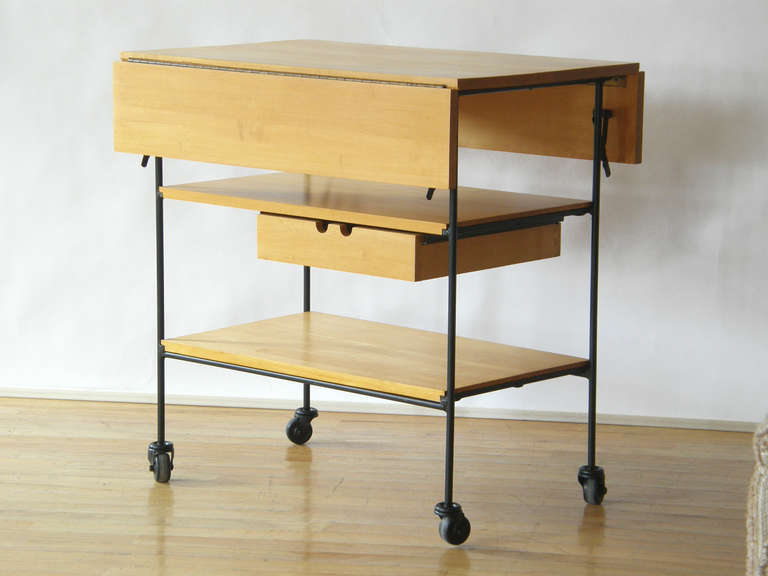 Mid-Century Modern Paul McCobb Planner Group Maple and Iron Drop Leaf Serving Cart with Drawer