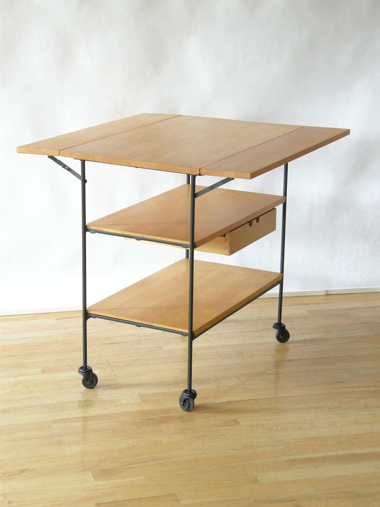 American Paul McCobb Planner Group Maple and Iron Drop Leaf Serving Cart with Drawer