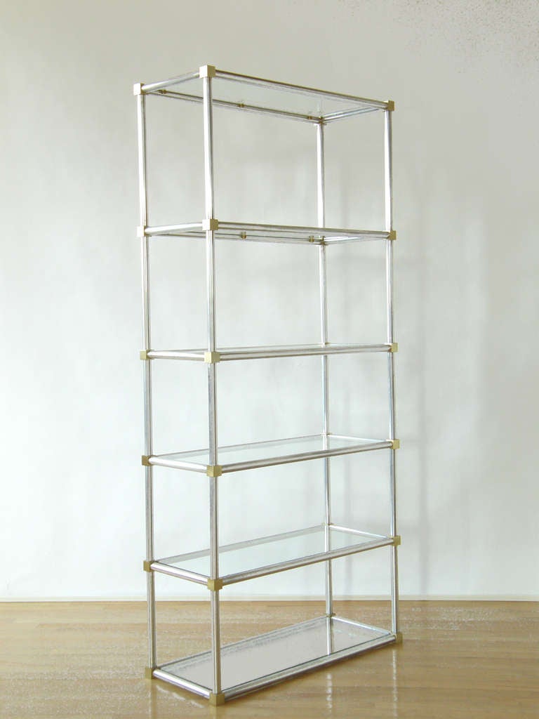 Modernist Aluminum and Brass Frame Etagere Shelf Unit with Glass Shelves In Good Condition In Chicago, IL