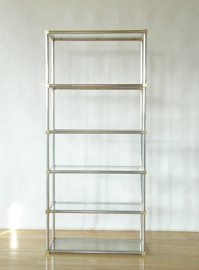 Late 20th Century Modernist Aluminum and Brass Frame Etagere Shelf Unit with Glass Shelves