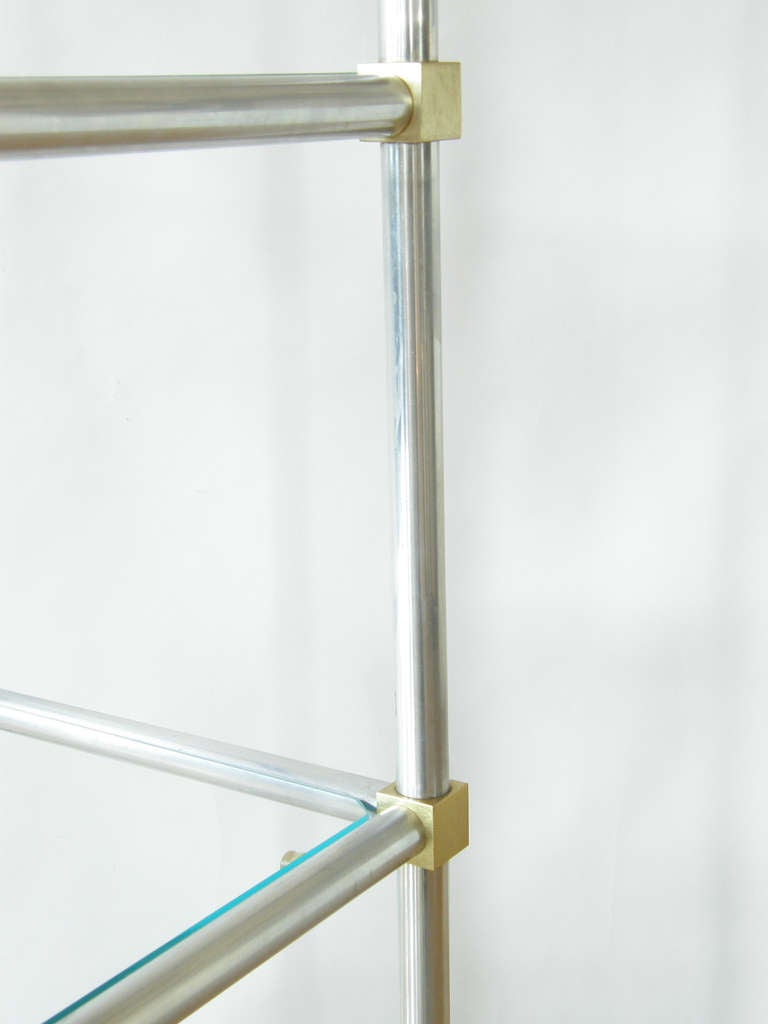 Modernist Aluminum and Brass Frame Etagere Shelf Unit with Glass Shelves 1