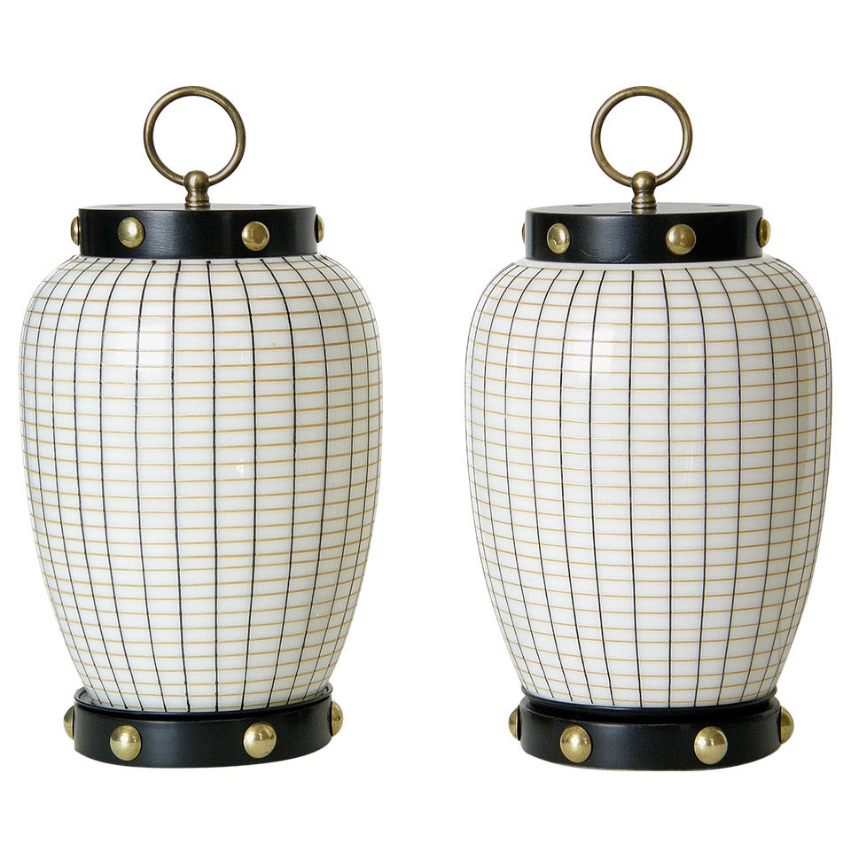 Pair of Lantern Shaped Table Lamps with Painted Glass Shades and Brass Studs