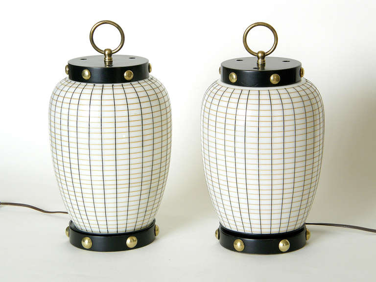 Pair of Lantern Shaped Table Lamps with Painted Glass Shades and Brass Studs In Good Condition In Chicago, IL
