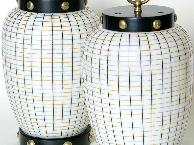 Mid-20th Century Pair of Lantern Shaped Table Lamps with Painted Glass Shades and Brass Studs