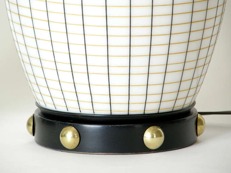 Pair of Lantern Shaped Table Lamps with Painted Glass Shades and Brass Studs 4