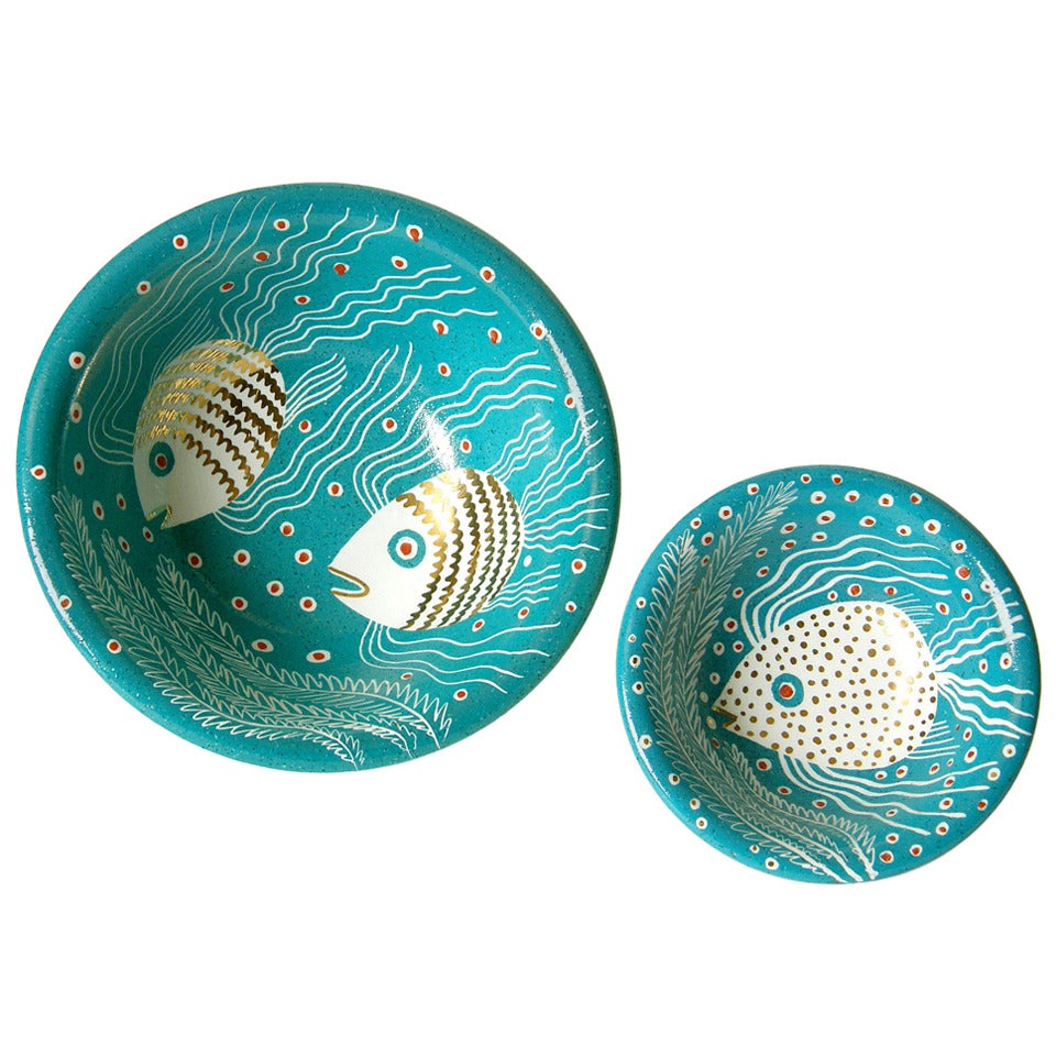 Pair of Waylande Gregory Bowls with Underwater Fish Scene and Gold Accents