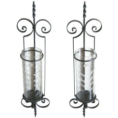 Giant Wrought Iron Hurricane Candle Sconces Wall Mounted Etched Glass Shades