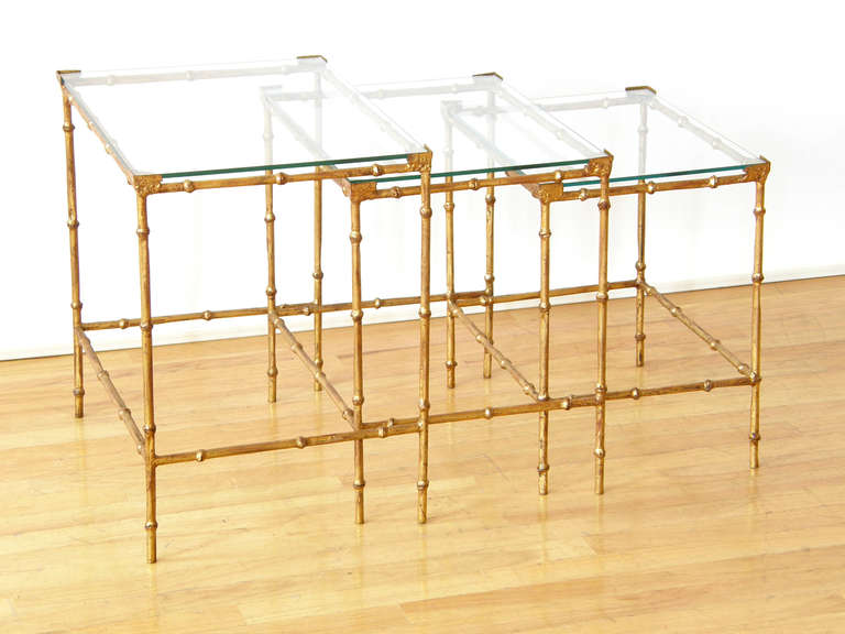 Set of Three Gilt Iron Faux Bamboo Nesting Tables with Glass Tops In Good Condition In Chicago, IL