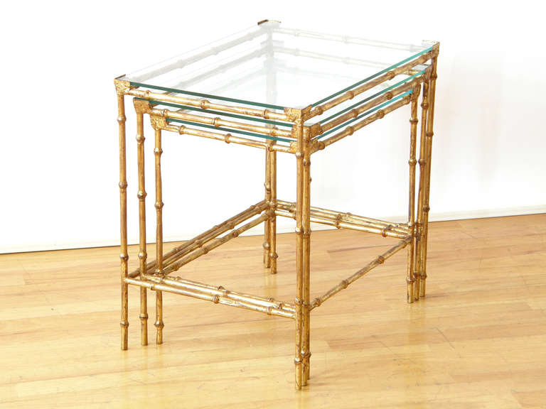 Mid-20th Century Set of Three Gilt Iron Faux Bamboo Nesting Tables with Glass Tops
