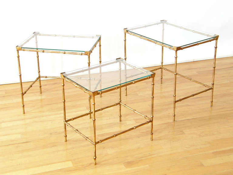 Set of Three Gilt Iron Faux Bamboo Nesting Tables with Glass Tops 2