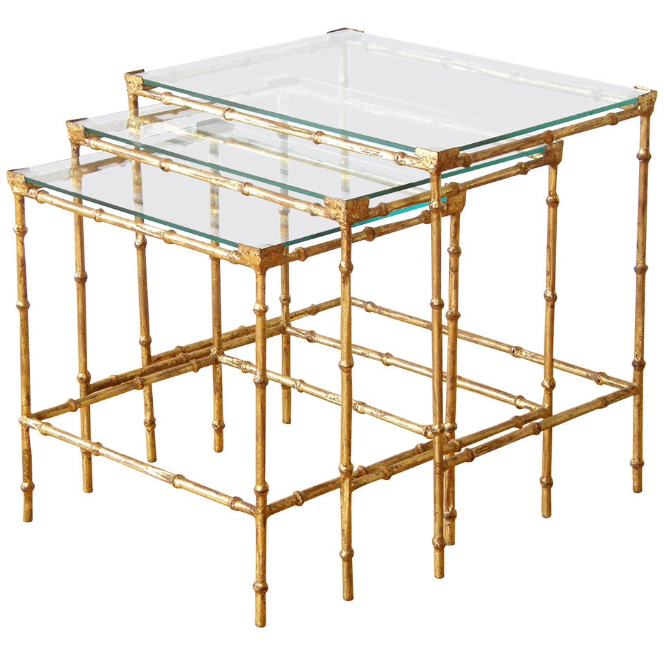 Set of Three Gilt Iron Faux Bamboo Nesting Tables with Glass Tops