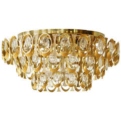 Gilt Brass and Crystal Flush Mount Ceiling Fixture