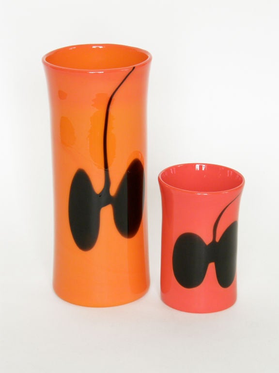 Modern Pair of Orange Red and Black Heikki Orvola Vases for Nuutajarvi Notsjo