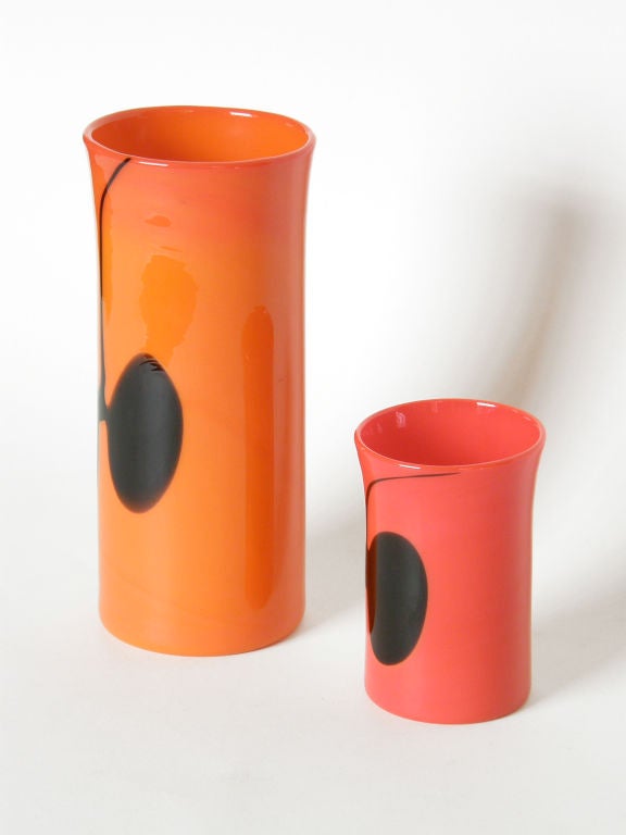 Finnish Pair of Orange Red and Black Heikki Orvola Vases for Nuutajarvi Notsjo